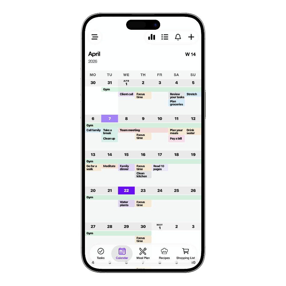 Donezo Kalender Monatsansicht mit Tagesraster und Kalenderwoche